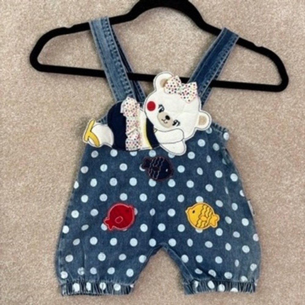 VINTAGE MONAROSETTA Overalls 12M 12 Months Blue Polka Dot Bear Denim Romper
